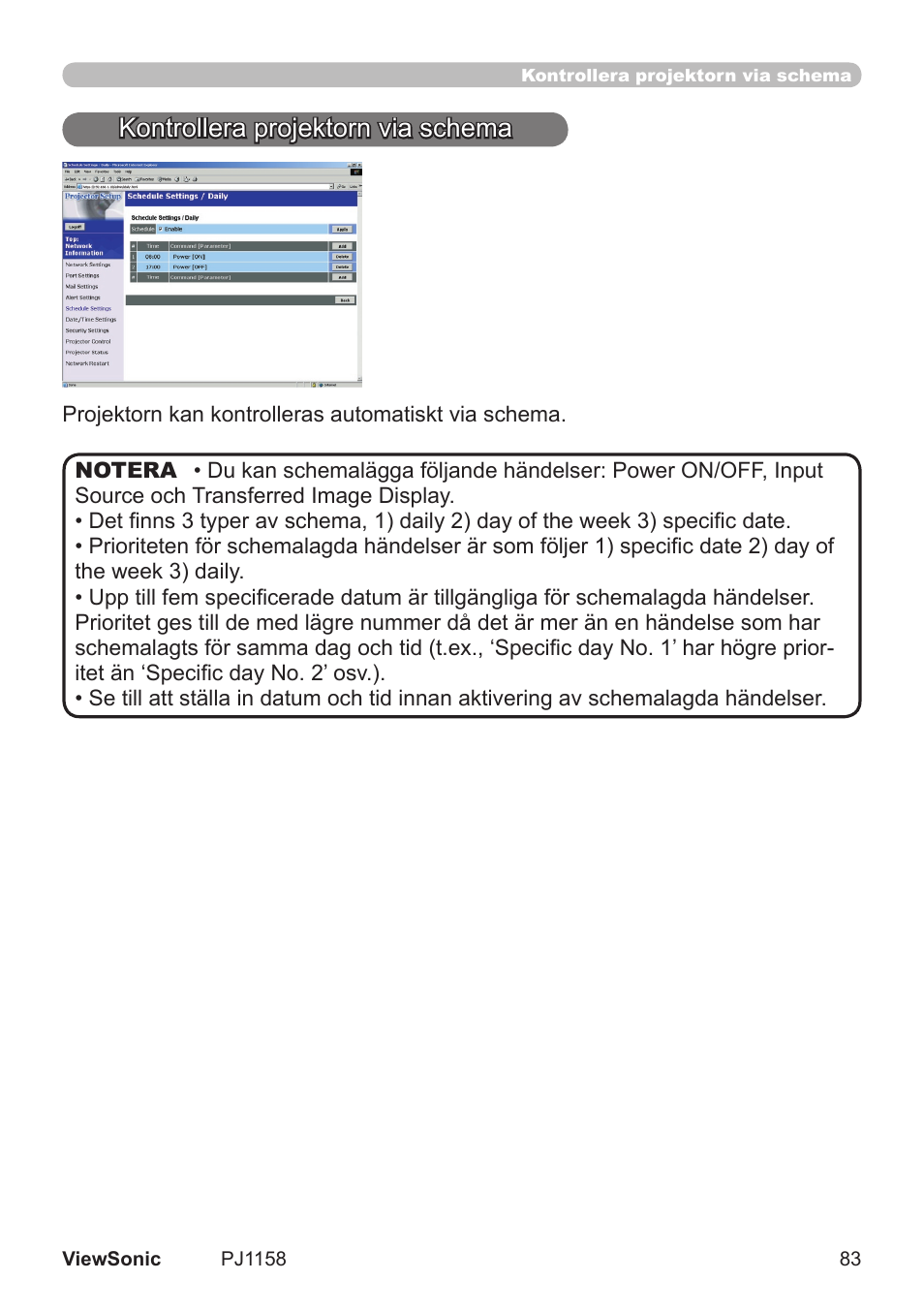 Kontrollera projektorn va schema | VIEWSONIC VS11459 User Manual | Page 88 / 115