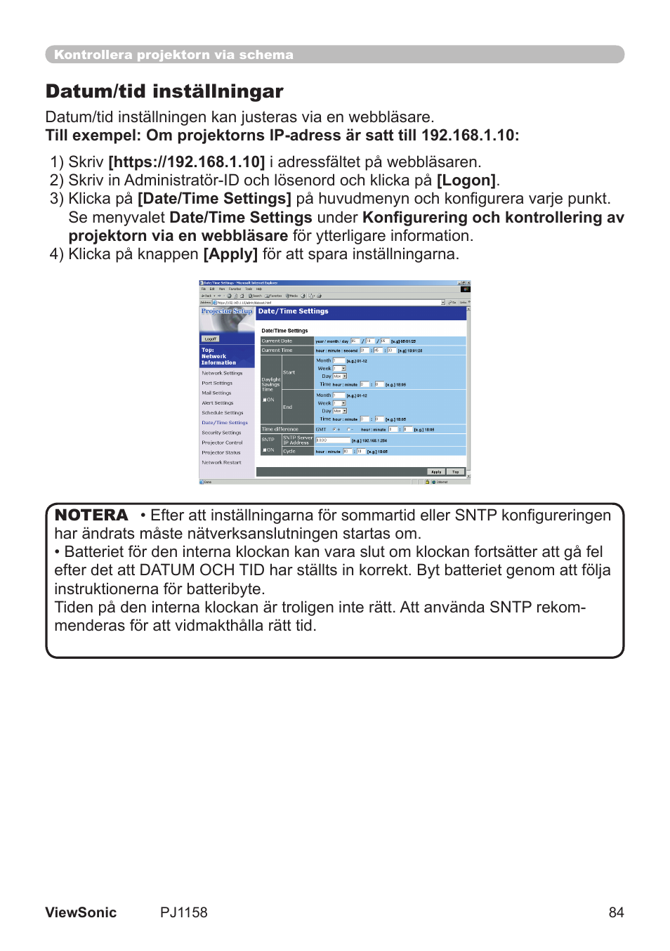 Datum/tid inställningar | VIEWSONIC VS11459 User Manual | Page 89 / 115