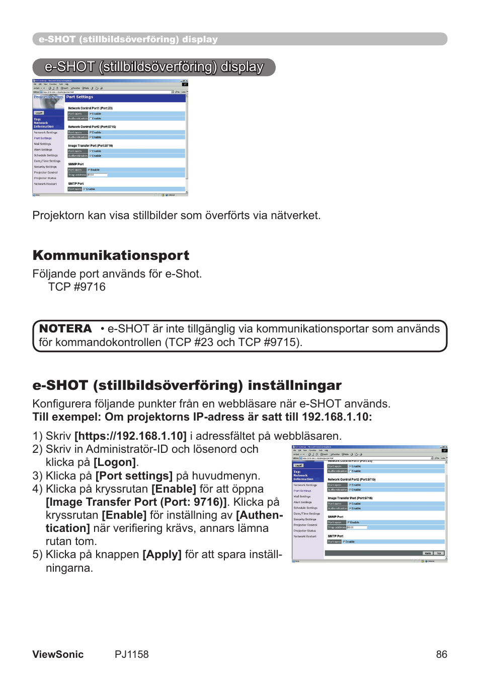 E-shot (stllbldsöverförng) dsplay, Kommunikationsport, E-shot (stillbildsöverföring) inställningar | VIEWSONIC VS11459 User Manual | Page 91 / 115