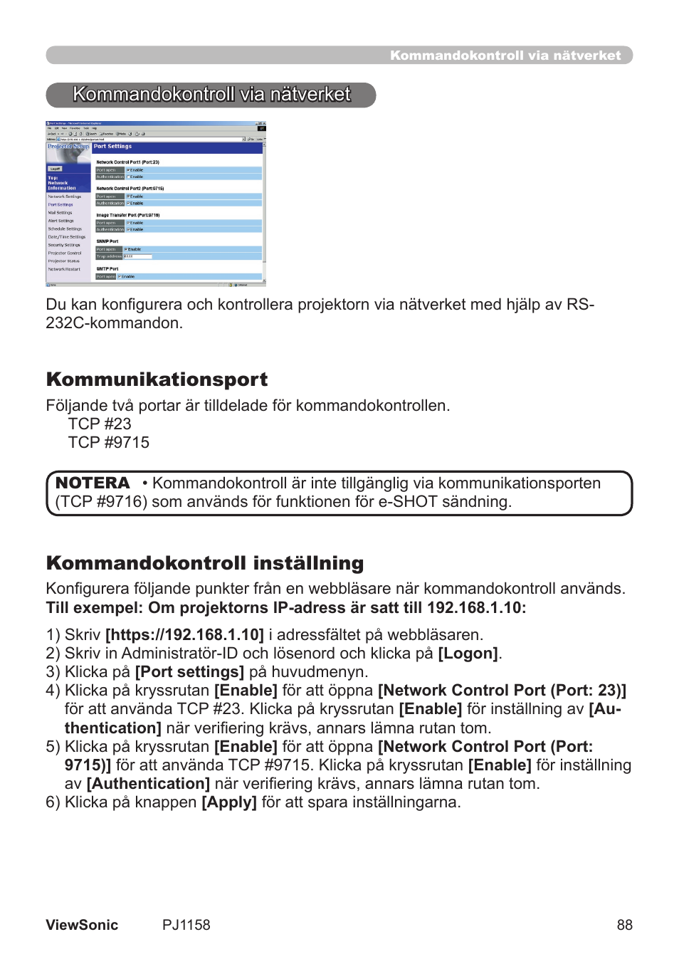 Kommandokontroll va nätverket, Kommunikationsport, Kommandokontroll inställning | VIEWSONIC VS11459 User Manual | Page 93 / 115