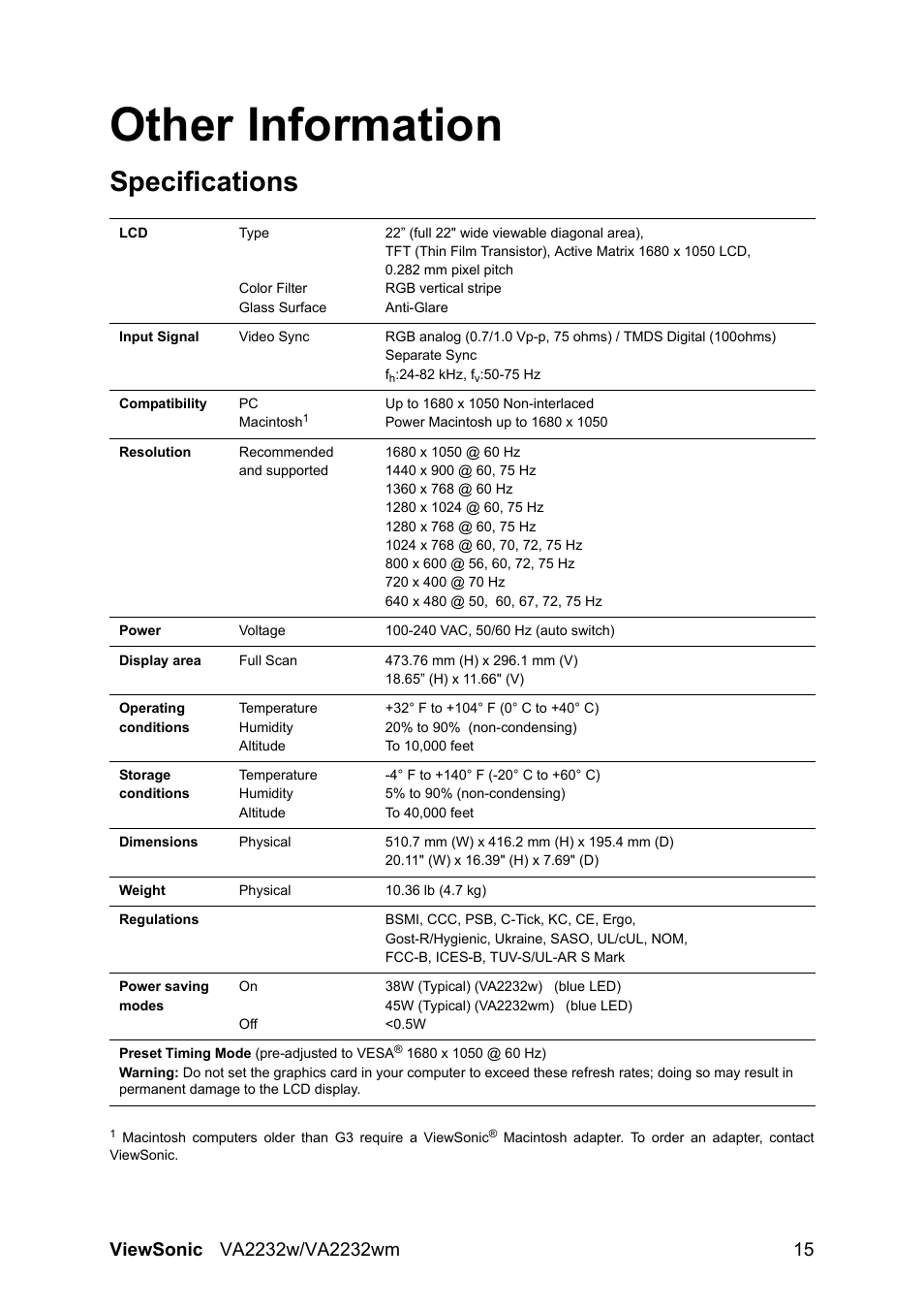 Other information, Specifications | VIEWSONIC VS12910 User Manual | Page 17 / 25