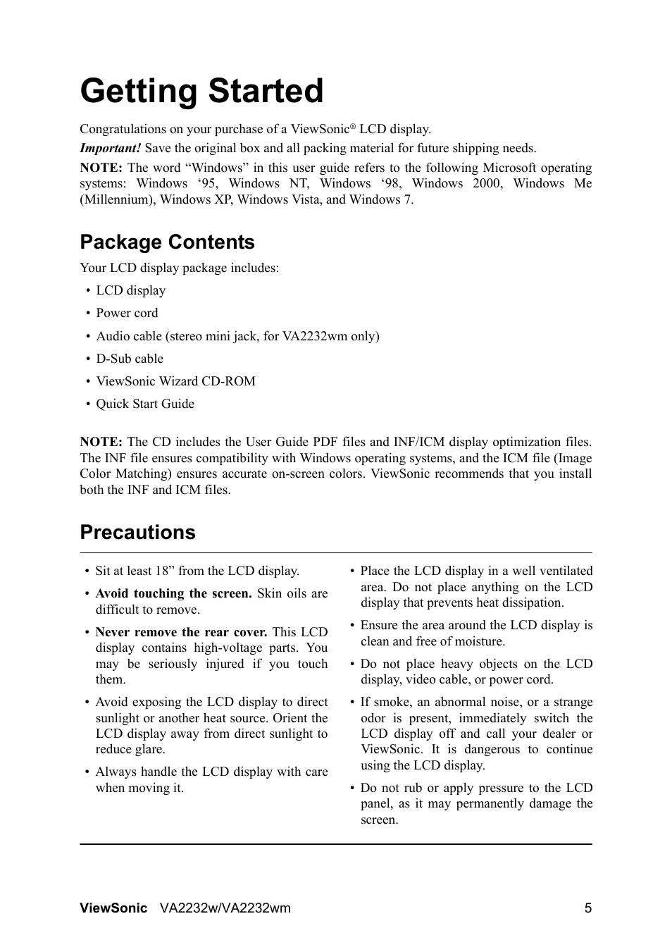 Getting started, Package contents, Precautions | VIEWSONIC VS12910 User Manual | Page 7 / 25