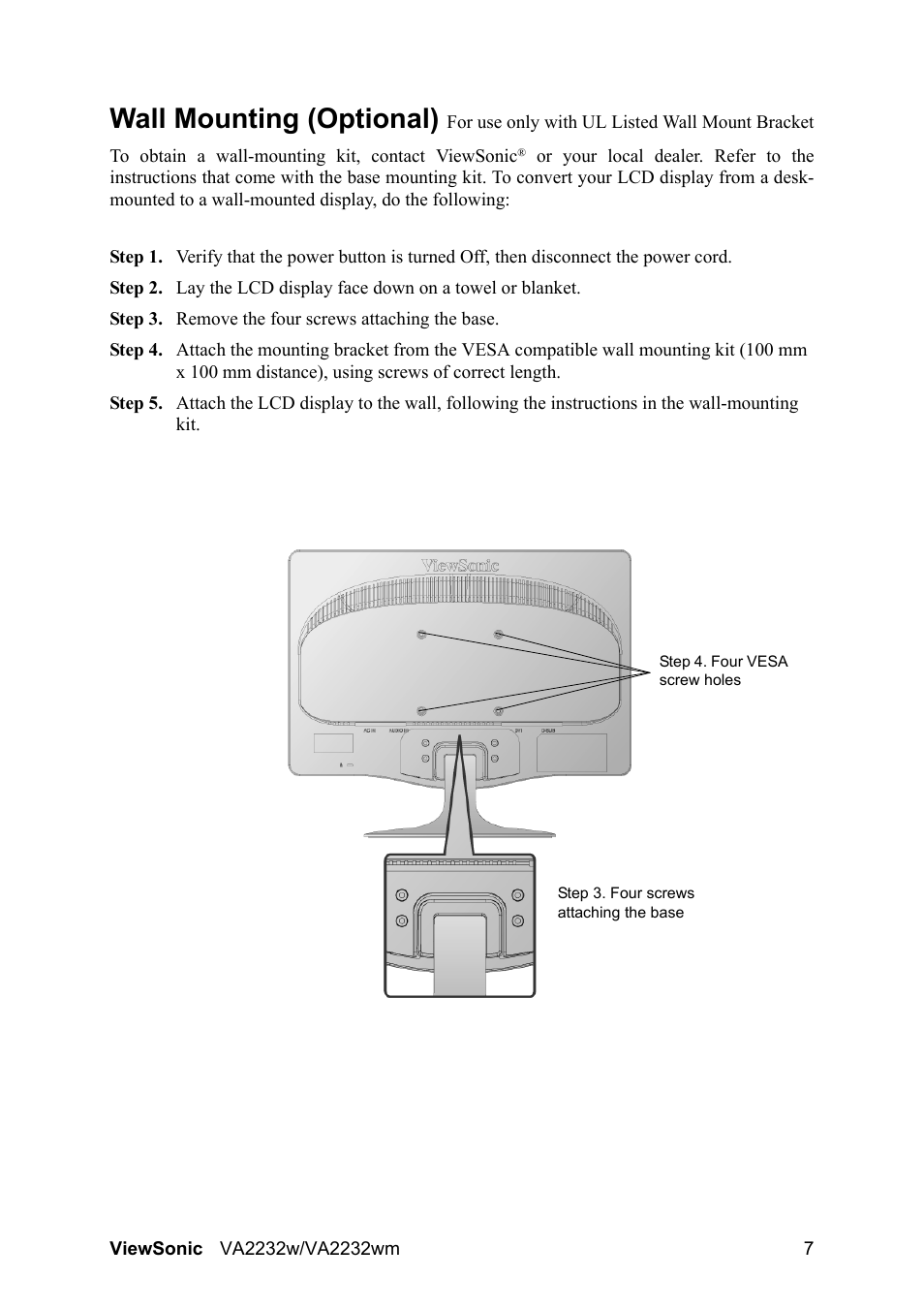 Wall mounting (optional) | VIEWSONIC VS12910 User Manual | Page 9 / 25