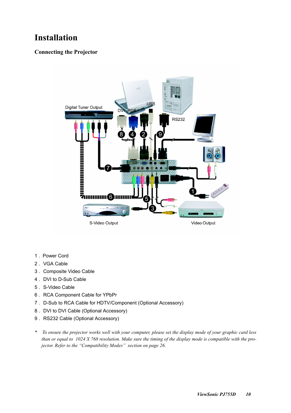 Installation, Connecting the projector | VIEWSONIC PJ755D User Manual | Page 12 / 32