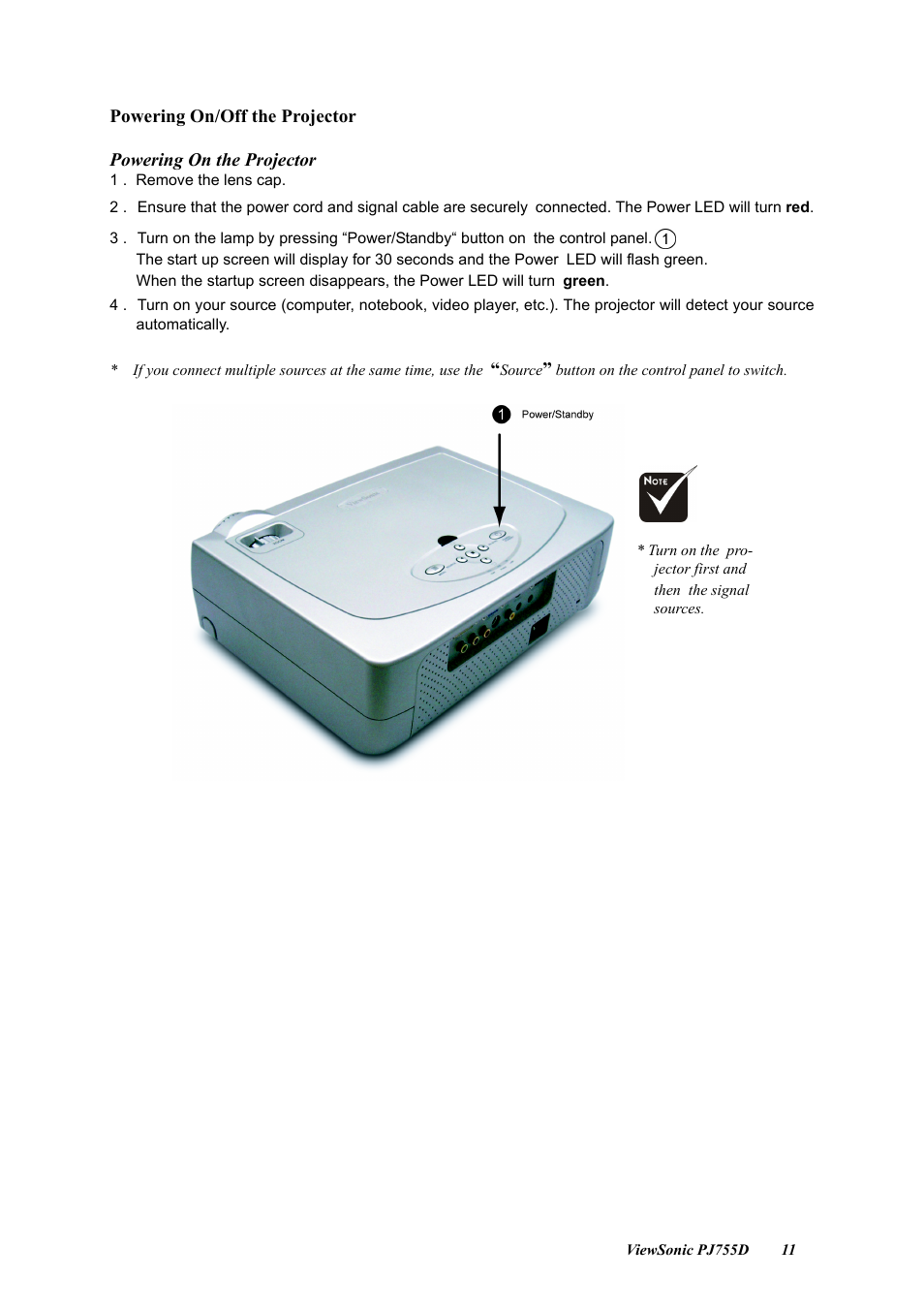 Powering on/off the projector, Powering on the projector | VIEWSONIC PJ755D User Manual | Page 13 / 32