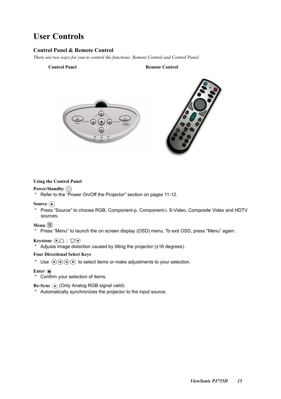 User controls, Control panel & remote control | VIEWSONIC PJ755D User Manual | Page 17 / 32