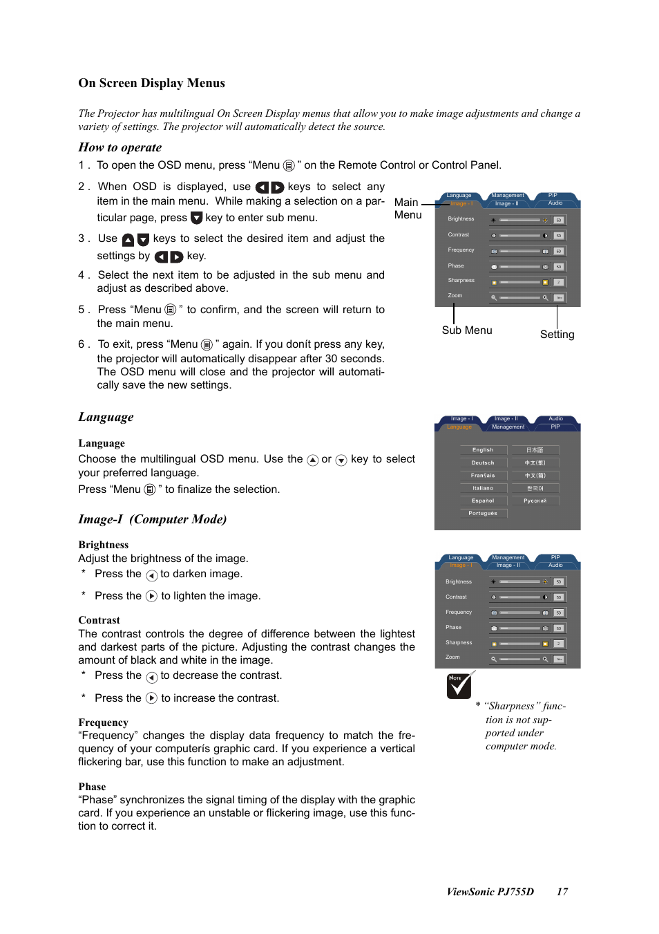 On screen display menus, How to operate, Language | Image-i, Computer mode) | VIEWSONIC PJ755D User Manual | Page 19 / 32