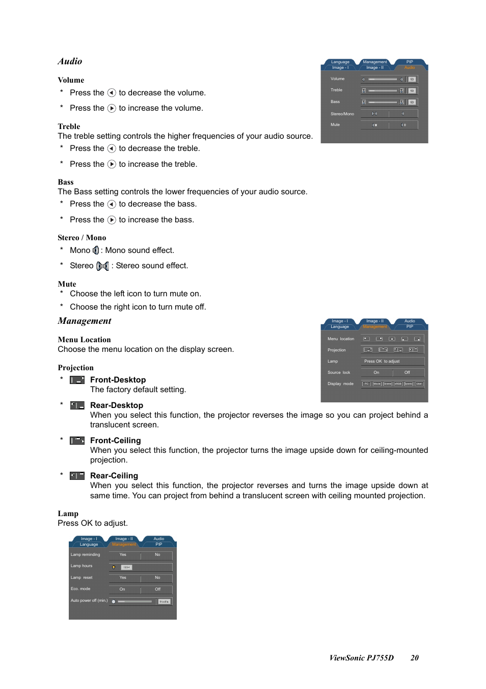 Audio management, Audio, Management | VIEWSONIC PJ755D User Manual | Page 22 / 32