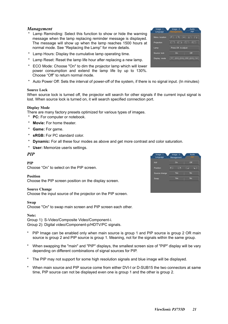 Management | VIEWSONIC PJ755D User Manual | Page 23 / 32