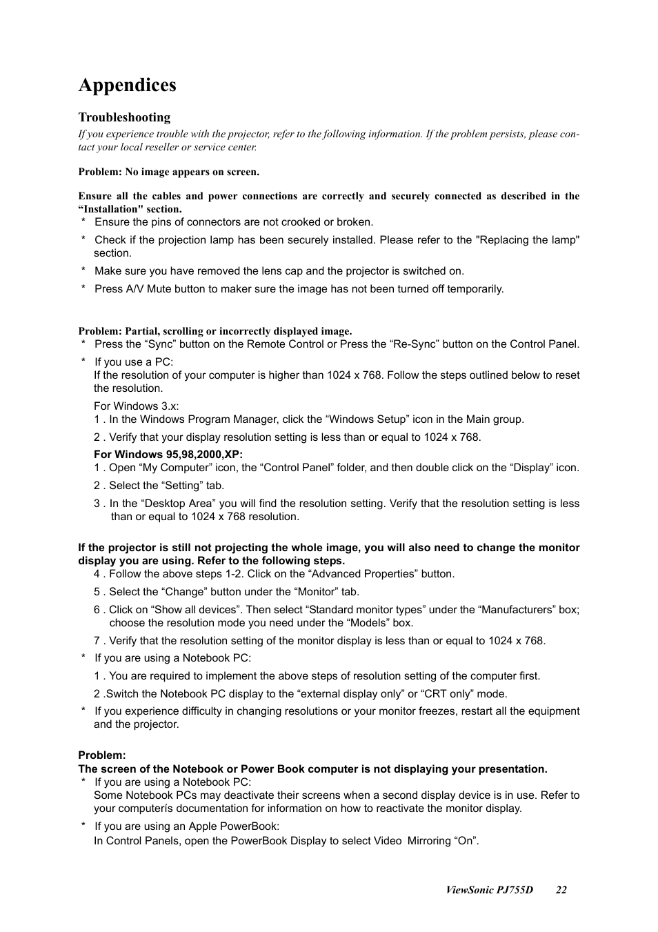 Appendices, Troubleshooting | VIEWSONIC PJ755D User Manual | Page 24 / 32