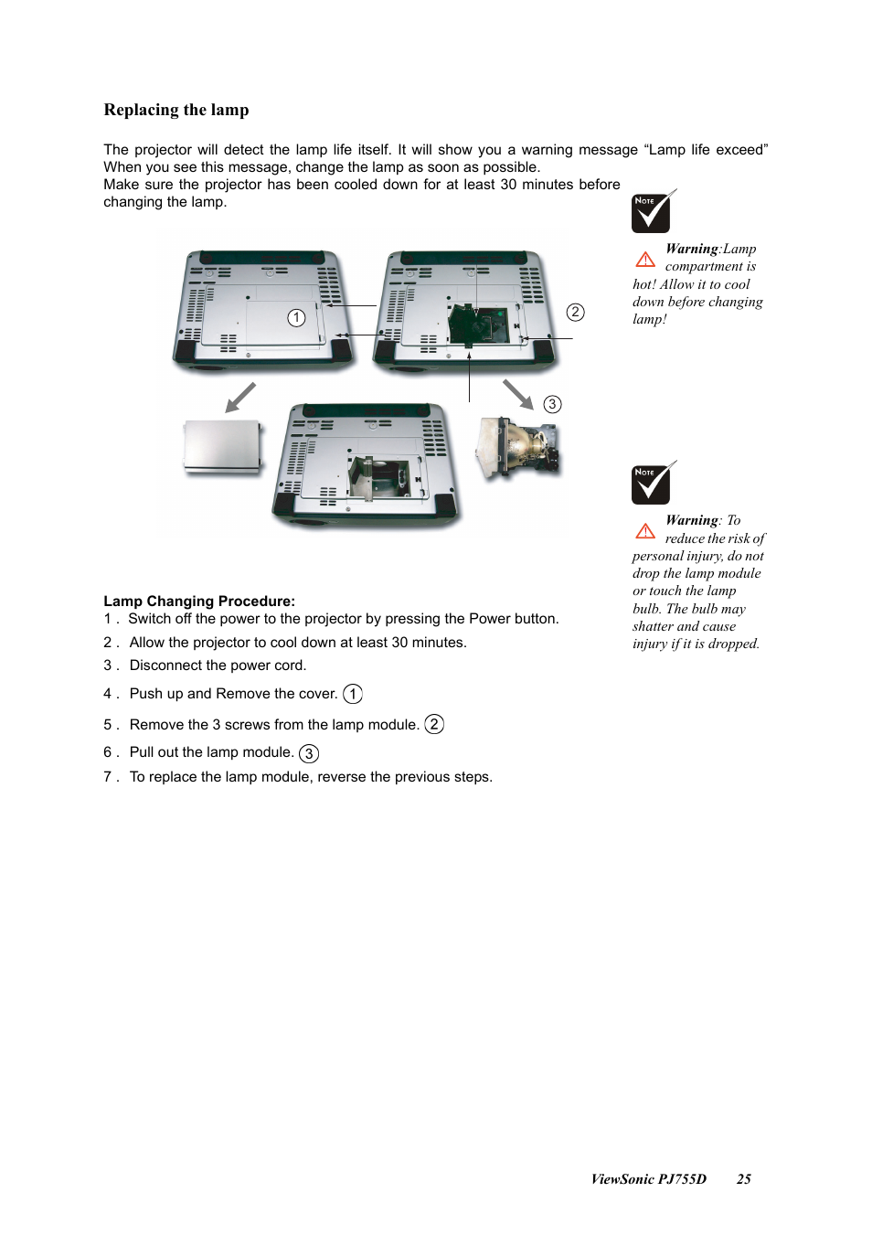 Replacing the lamp | VIEWSONIC PJ755D User Manual | Page 27 / 32