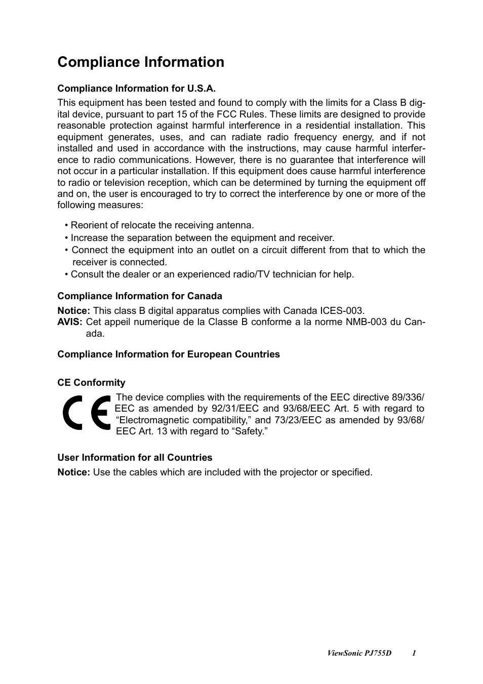 Compliance information | VIEWSONIC PJ755D User Manual | Page 3 / 32