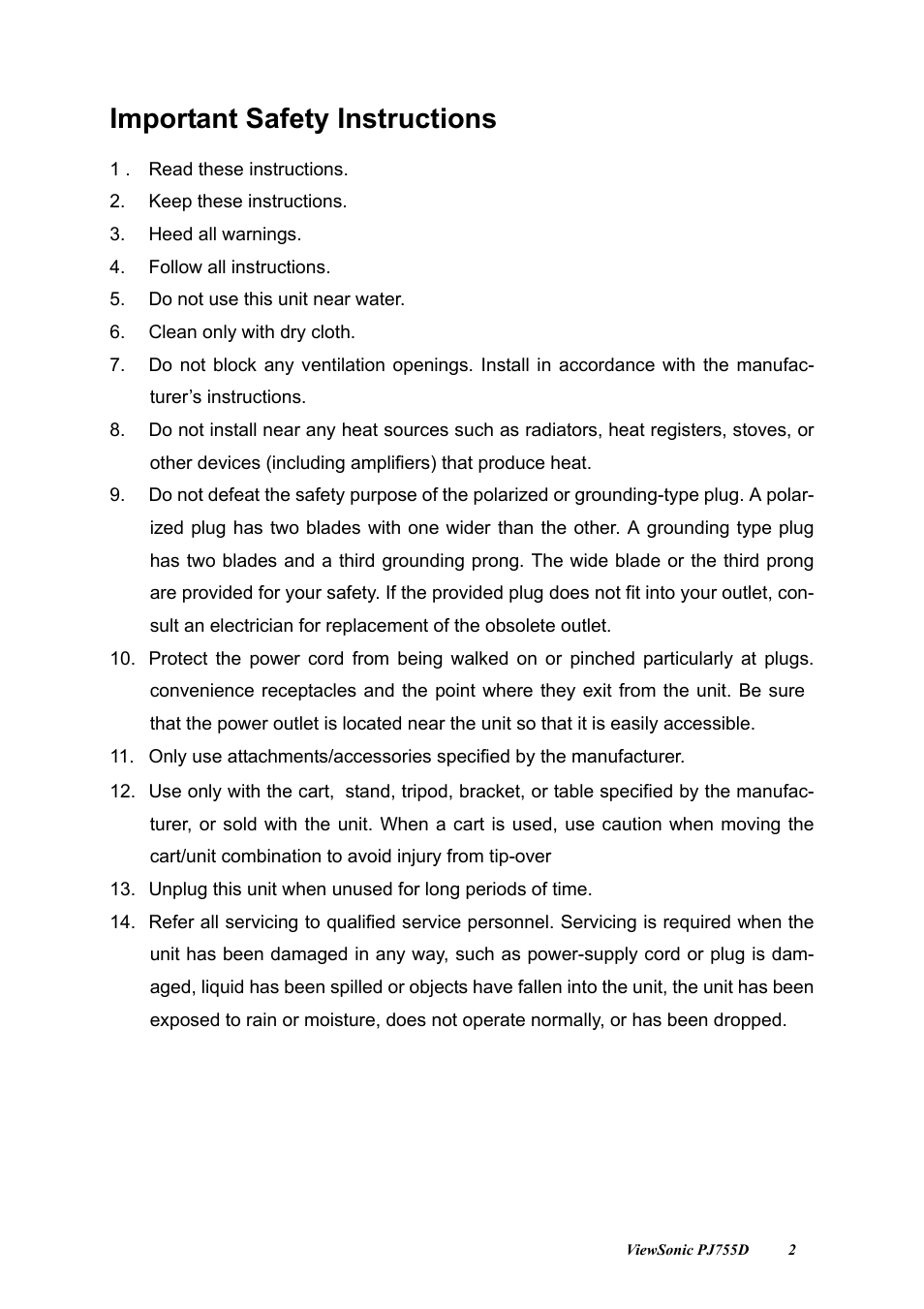 Important safety instructions | VIEWSONIC PJ755D User Manual | Page 4 / 32