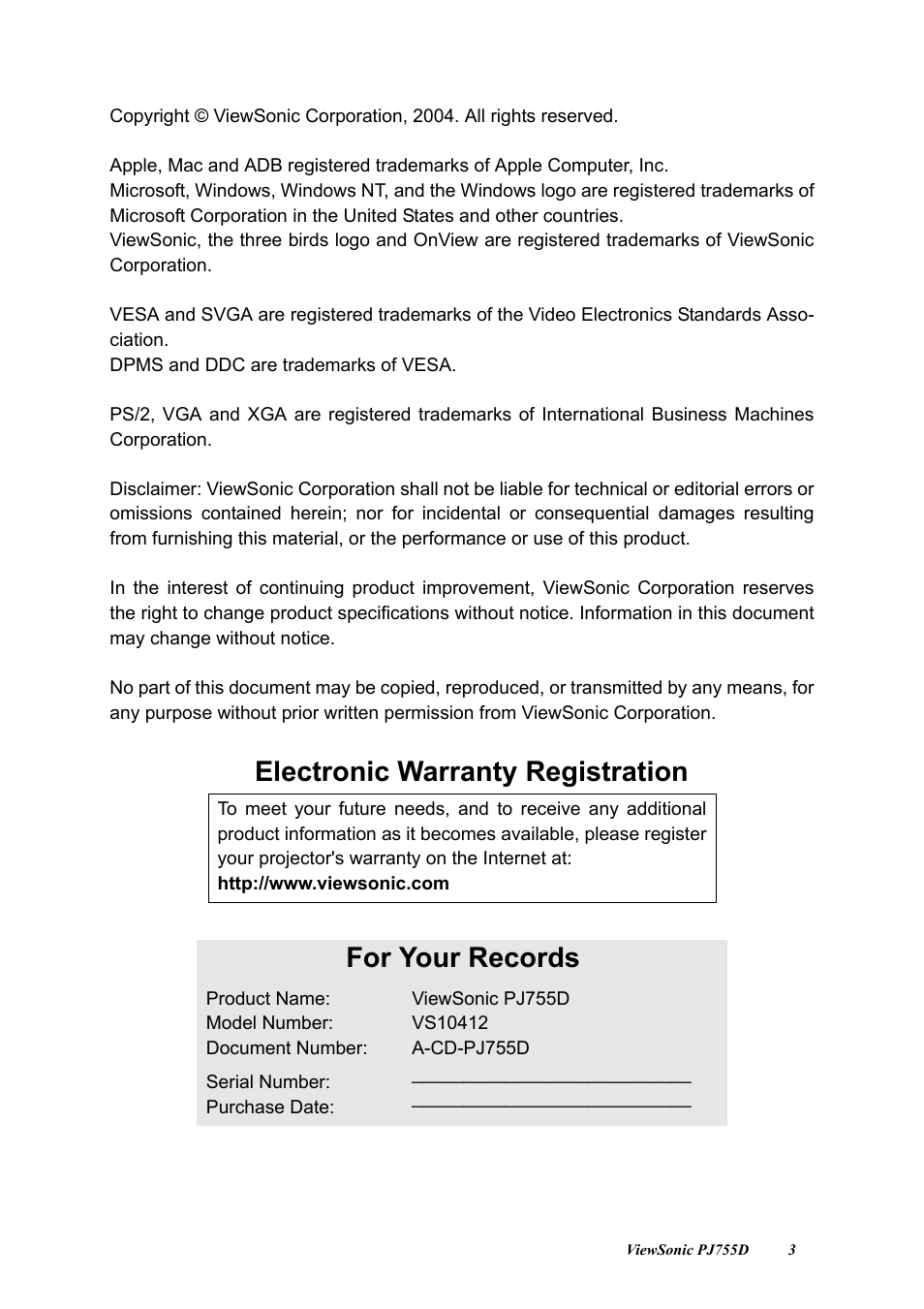 For your records, Electronic warranty registration | VIEWSONIC PJ755D User Manual | Page 5 / 32