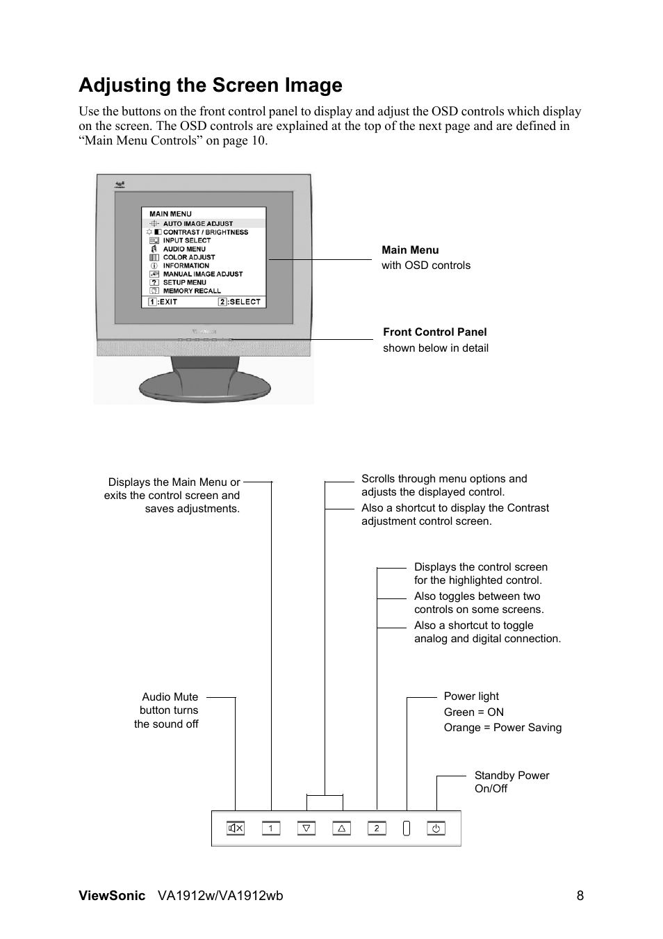 Adjusting the screen image | VIEWSONIC VA1912wb User Manual | Page 11 / 22