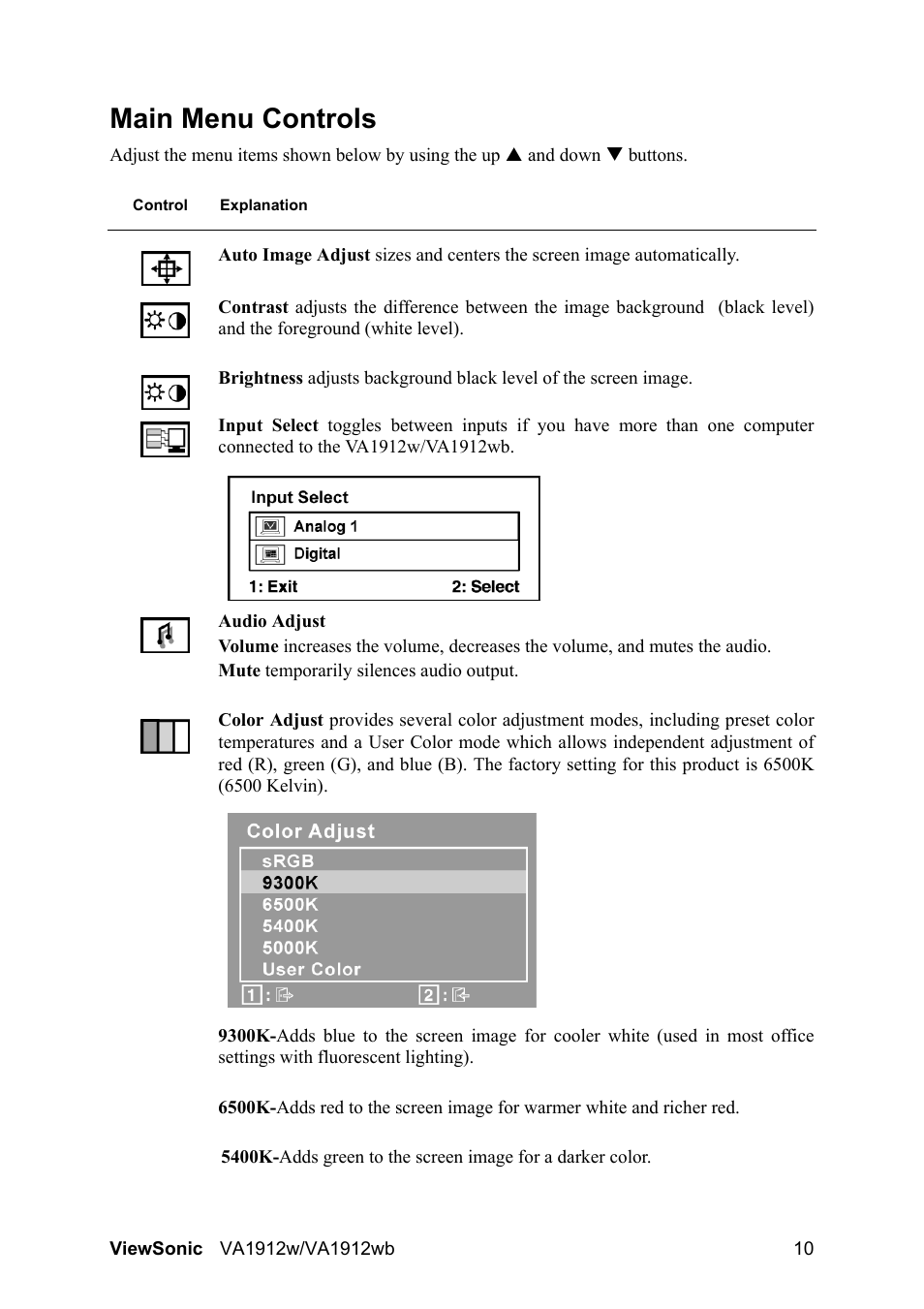 Main menu controls | VIEWSONIC VA1912wb User Manual | Page 13 / 22
