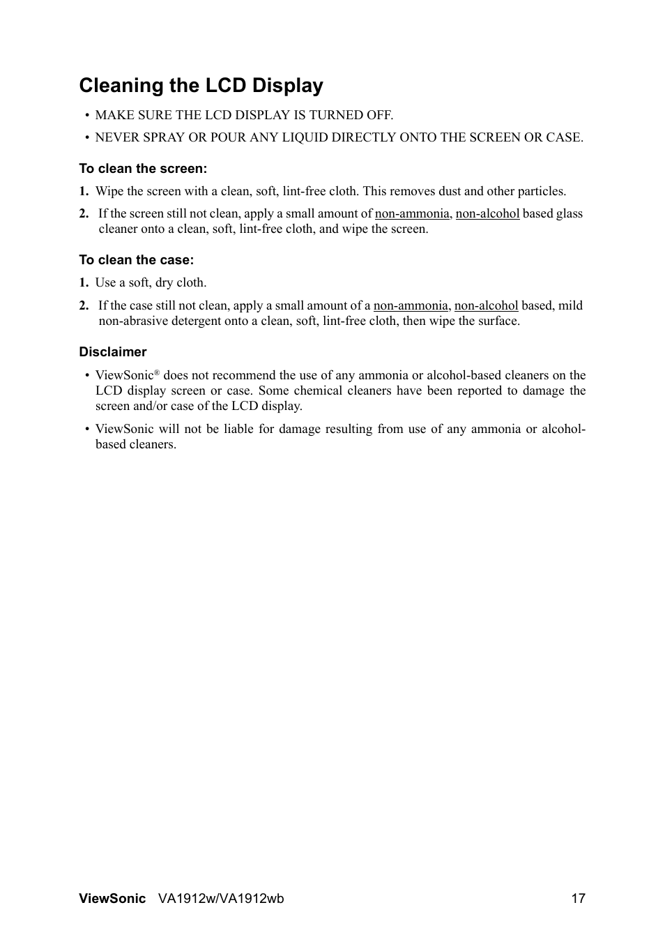 Cleaning the lcd display | VIEWSONIC VA1912wb User Manual | Page 20 / 22