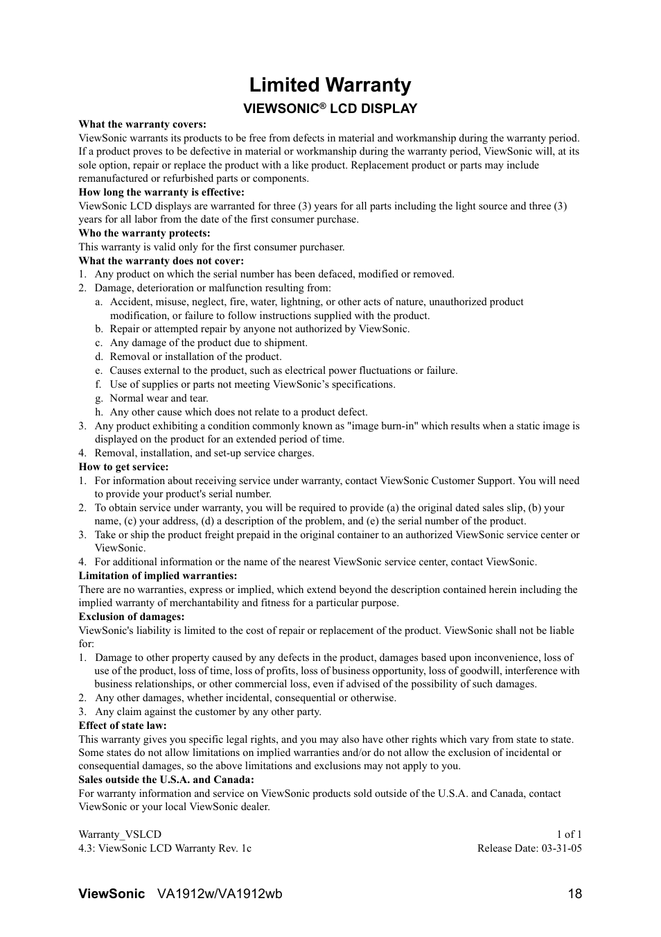 Limited warranty | VIEWSONIC VA1912wb User Manual | Page 21 / 22