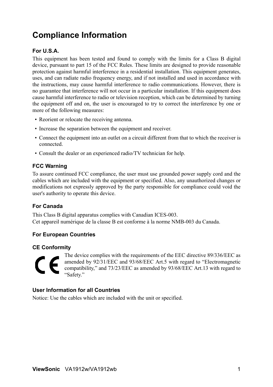 Compliance information | VIEWSONIC VA1912wb User Manual | Page 4 / 22