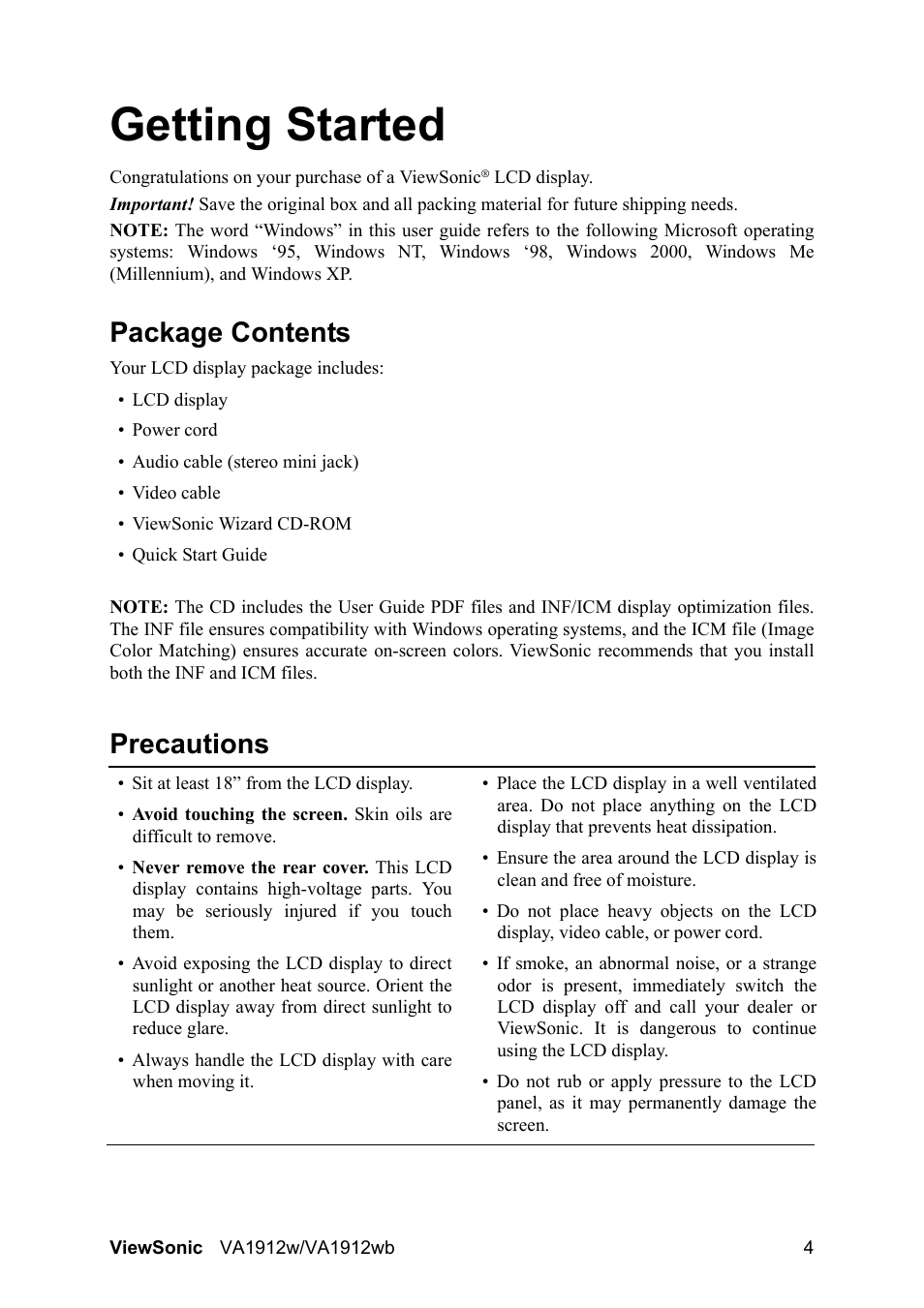 Getting started, Package contents, Precautions | VIEWSONIC VA1912wb User Manual | Page 7 / 22