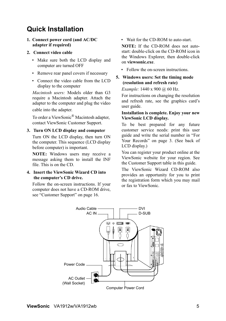 Quick installation | VIEWSONIC VA1912wb User Manual | Page 8 / 22