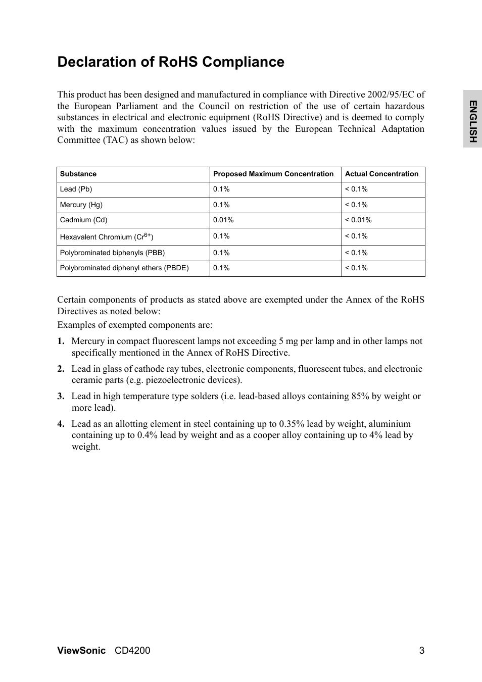 Declaration of rohs compliance | VIEWSONIC CD4200 User Manual | Page 10 / 149