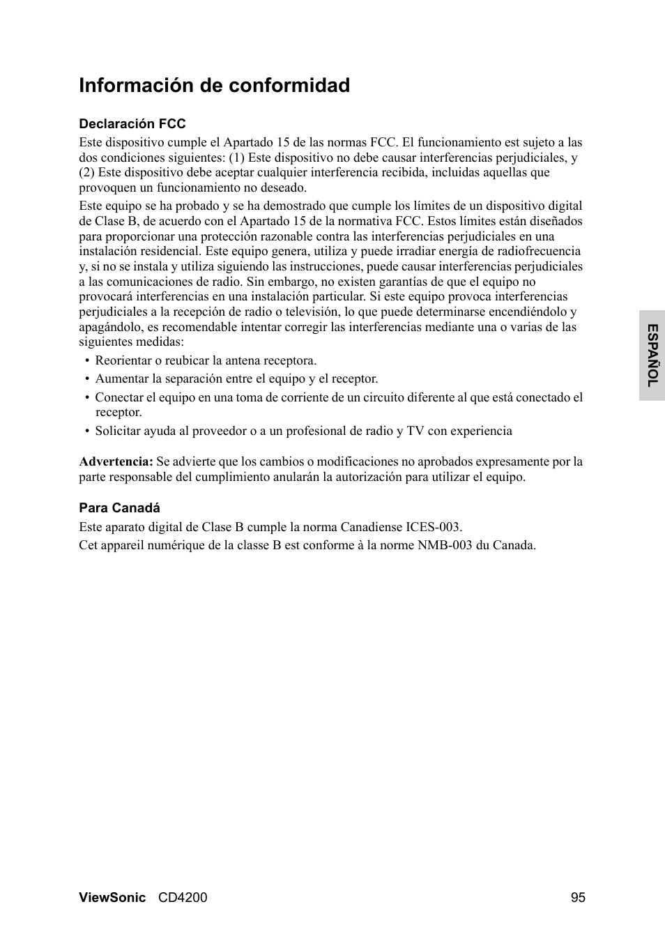 Información de conformidad | VIEWSONIC CD4200 User Manual | Page 102 / 149