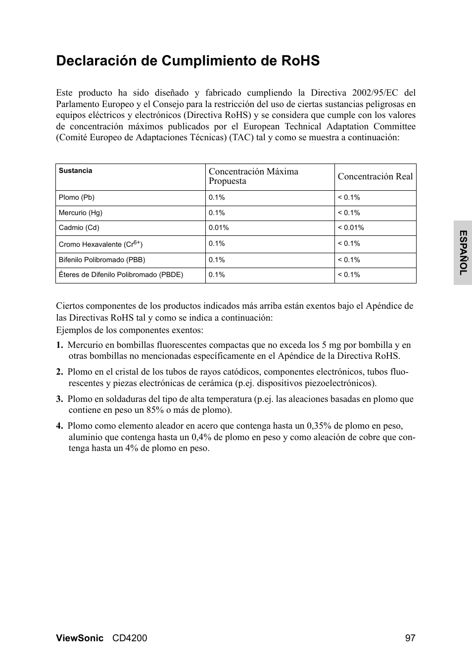 Declaración de cumplimiento de rohs | VIEWSONIC CD4200 User Manual | Page 104 / 149