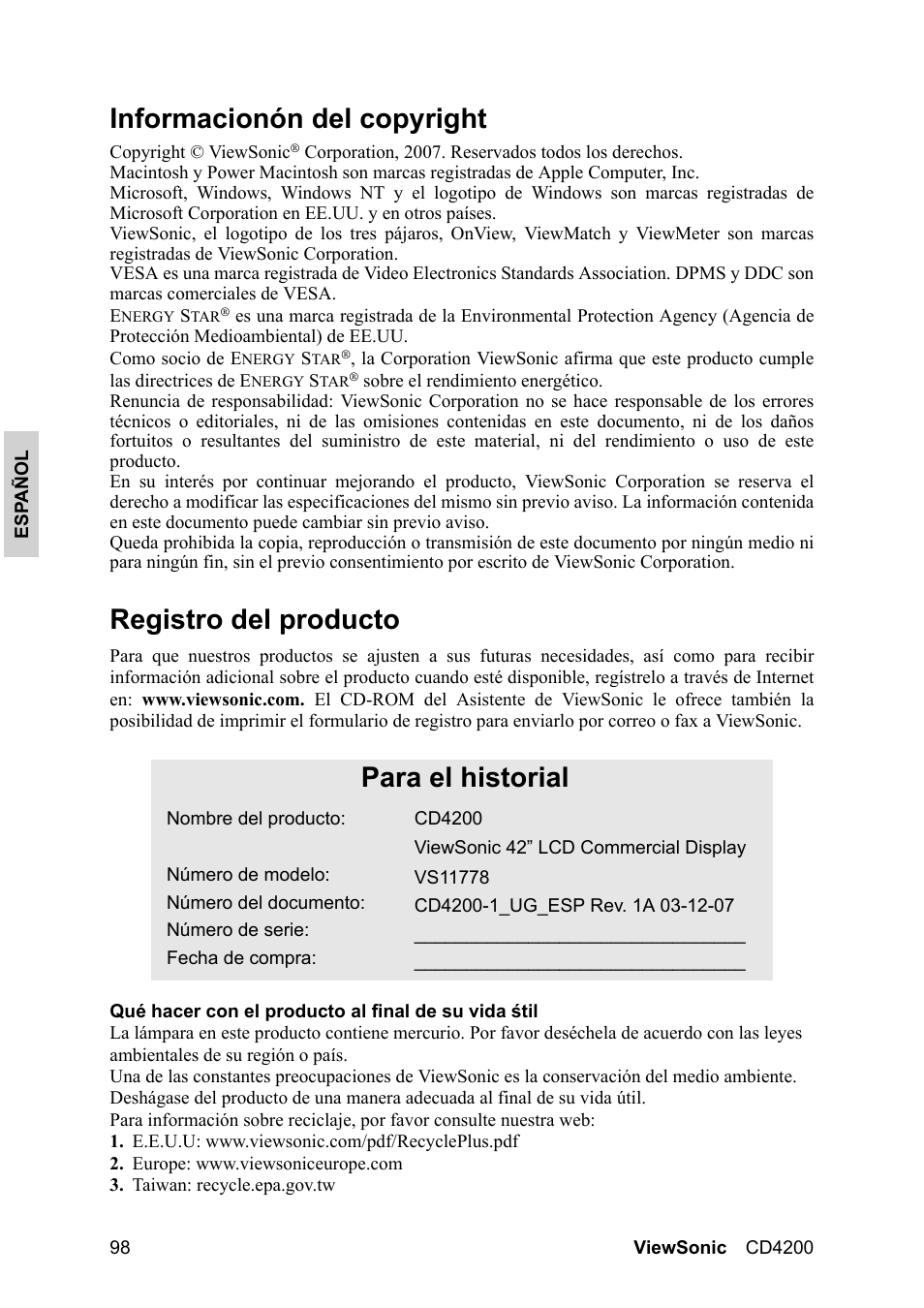 Informacionón del copyright, Registro del producto, Para el historial | VIEWSONIC CD4200 User Manual | Page 105 / 149