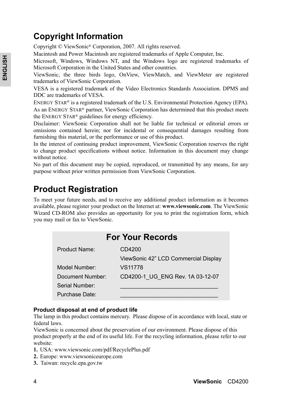 Copyright information, Product registration, For your records | VIEWSONIC CD4200 User Manual | Page 11 / 149