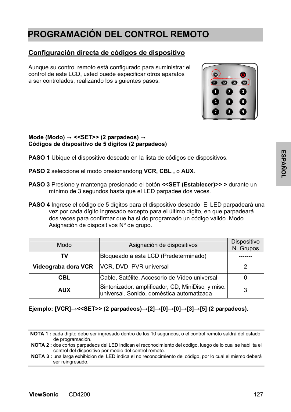Programación del control remoto, Configuración directa de códigos de dispositivo | VIEWSONIC CD4200 User Manual | Page 134 / 149