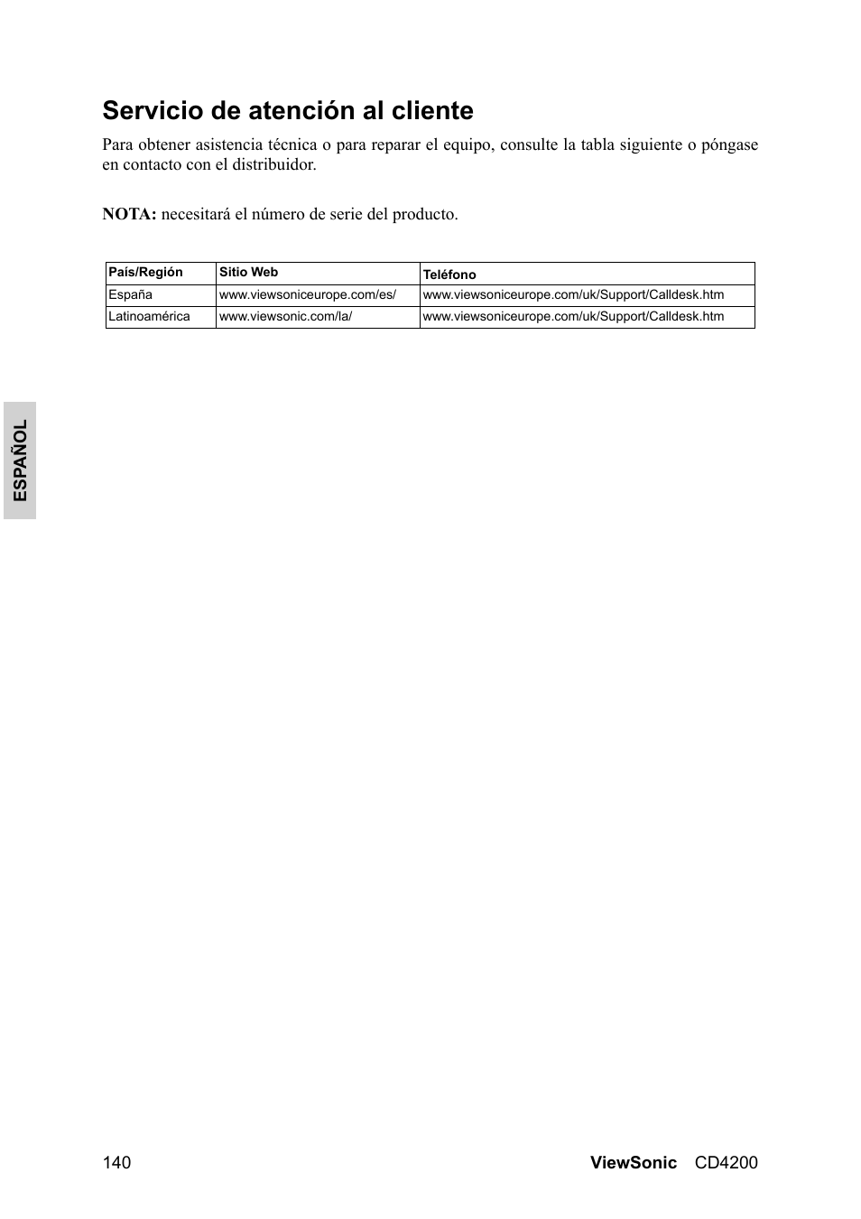 Servicio de atención al cliente | VIEWSONIC CD4200 User Manual | Page 147 / 149