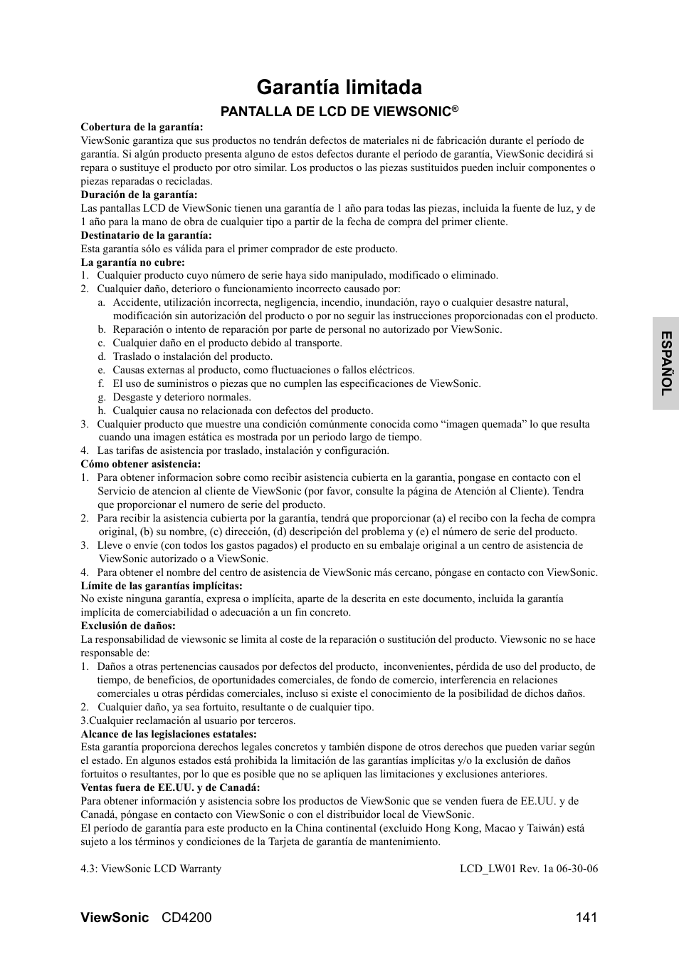 Garantía limitada | VIEWSONIC CD4200 User Manual | Page 148 / 149