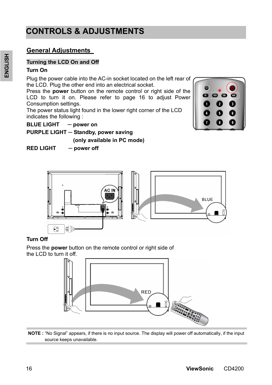 Controls & adjustments | VIEWSONIC CD4200 User Manual | Page 23 / 149