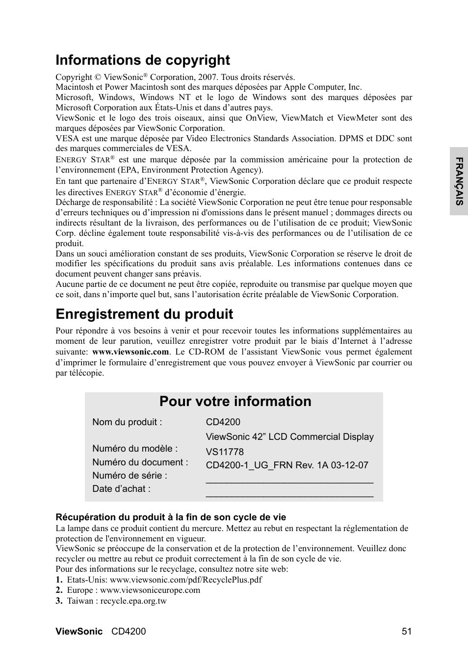 Informations de copyright, Enregistrement du produit, Pour votre information | VIEWSONIC CD4200 User Manual | Page 58 / 149