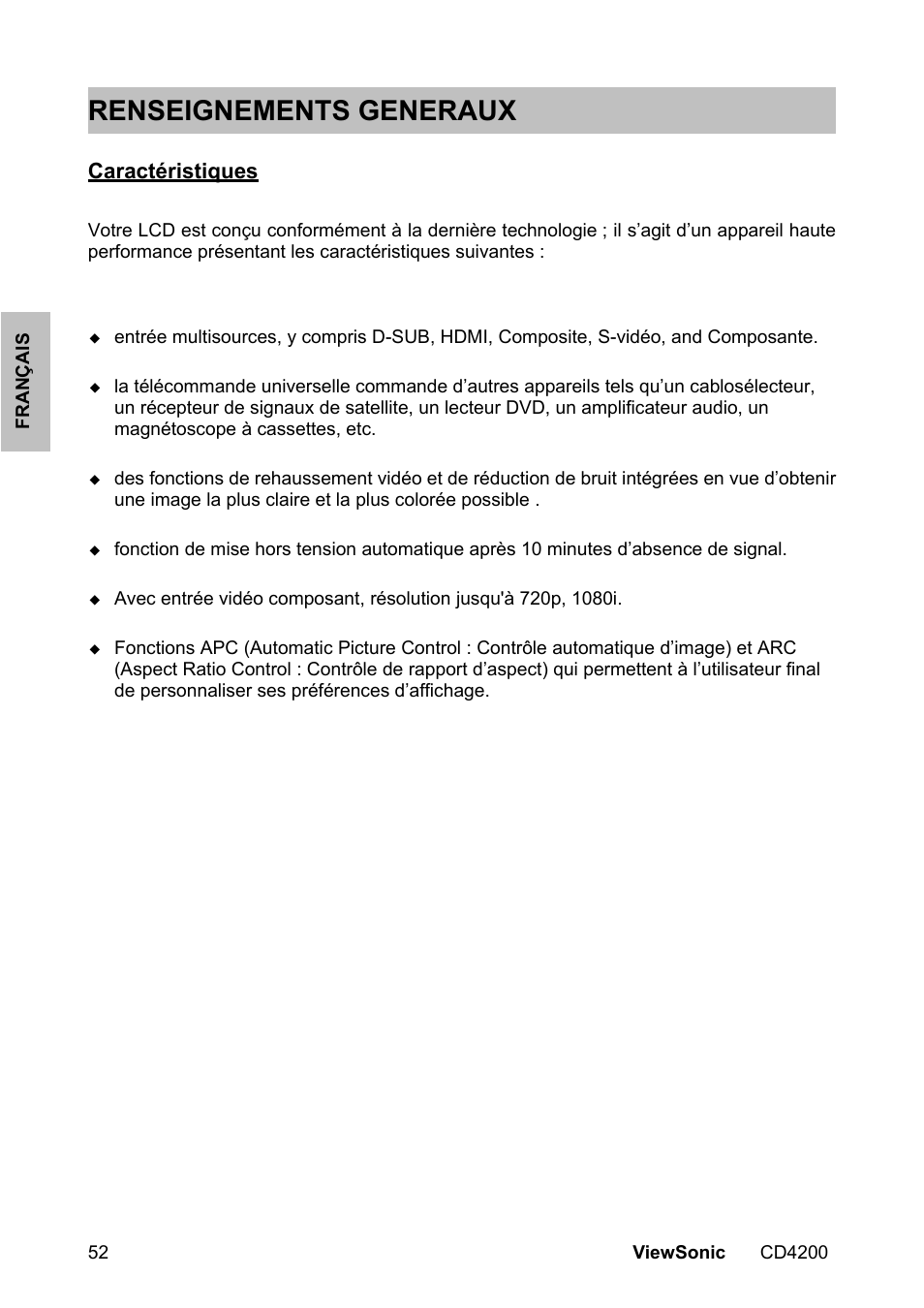 Renseignements generaux, Caractéristiques | VIEWSONIC CD4200 User Manual | Page 59 / 149