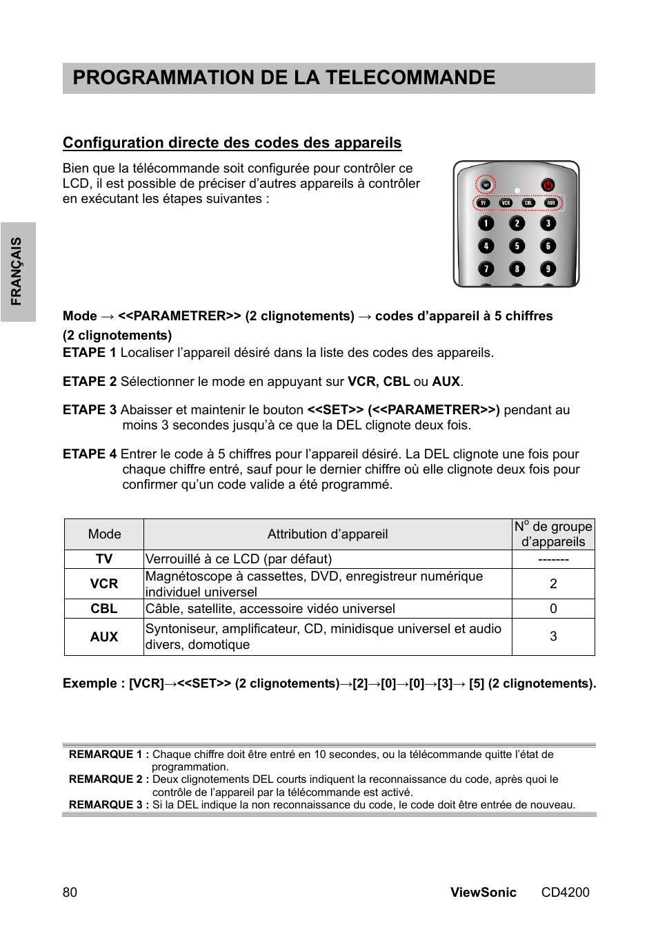 Programmation de la telecommande | VIEWSONIC CD4200 User Manual | Page 87 / 149