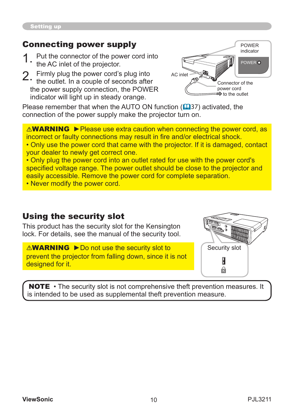 Connecting power supply, Using the security slot | VIEWSONIC PJL3211 User Manual | Page 15 / 78
