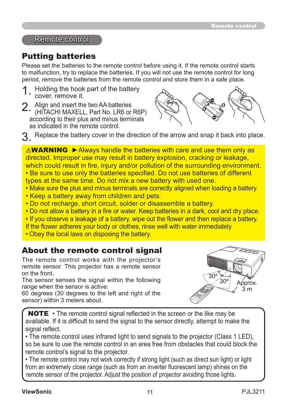 Putting batteries, Remote control, About the remote control signal | VIEWSONIC PJL3211 User Manual | Page 16 / 78