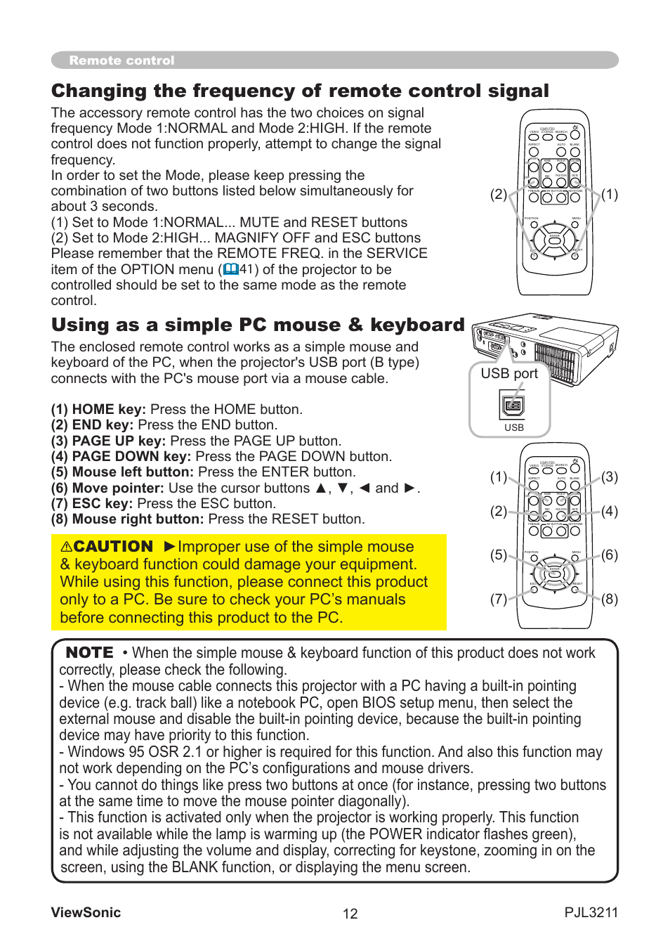 Changing the frequency of remote control signal, Using as a simple pc mouse & keyboard, Remote control | VIEWSONIC PJL3211 User Manual | Page 17 / 78