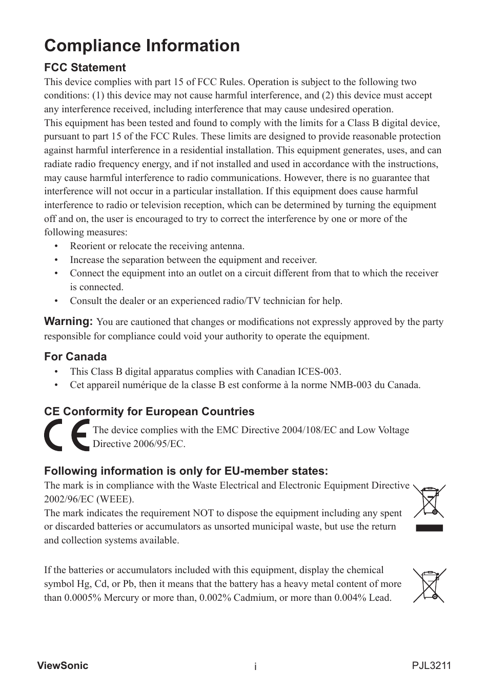 Compliance information | VIEWSONIC PJL3211 User Manual | Page 2 / 78