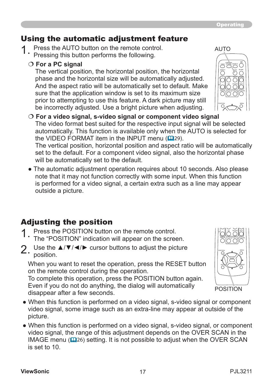 Adjusting the position, Using the automatic adjustment feature, Auto | Position | VIEWSONIC PJL3211 User Manual | Page 22 / 78