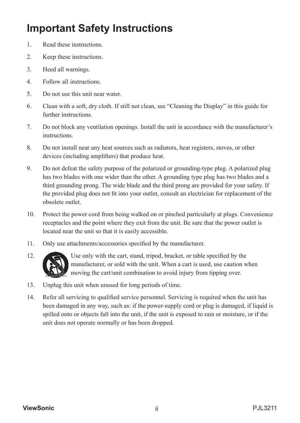Important safety instructions | VIEWSONIC PJL3211 User Manual | Page 3 / 78