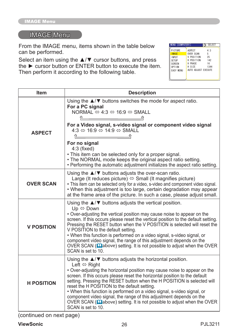 Image menu, Contnued on next page) | VIEWSONIC PJL3211 User Manual | Page 31 / 78