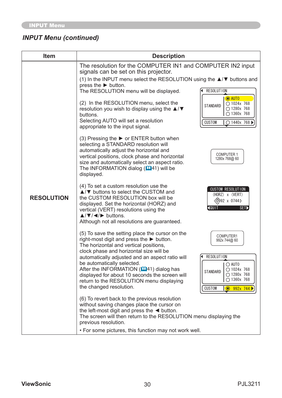 Input menu (continued) | VIEWSONIC PJL3211 User Manual | Page 35 / 78