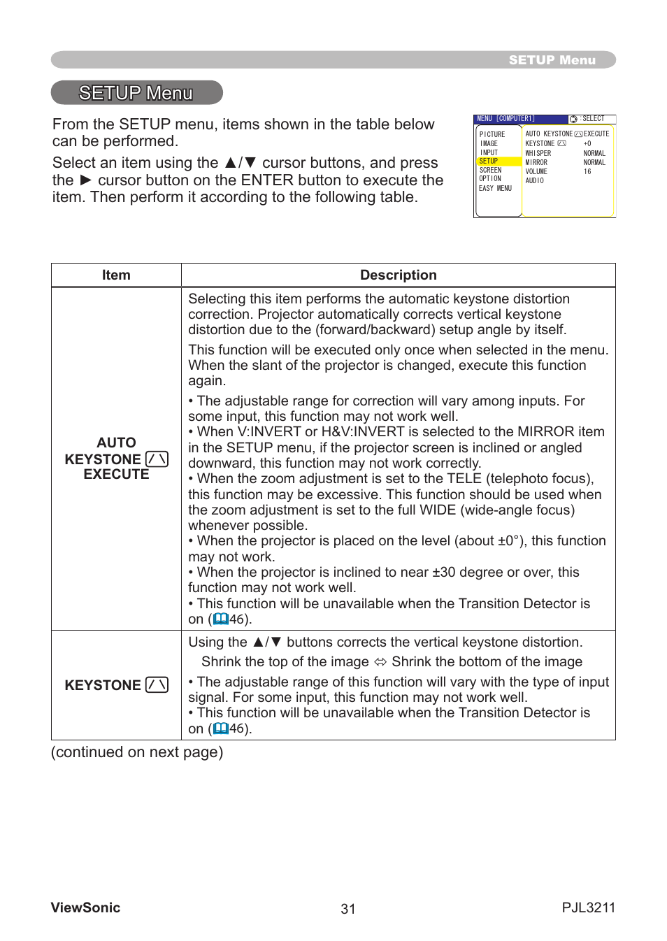Setup menu, Contnued on next page) | VIEWSONIC PJL3211 User Manual | Page 36 / 78