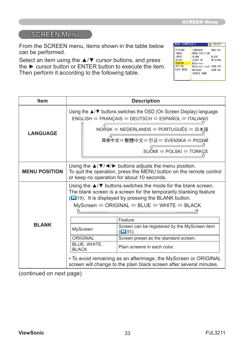 Screen menu, Contnued on next page) | VIEWSONIC PJL3211 User Manual | Page 38 / 78