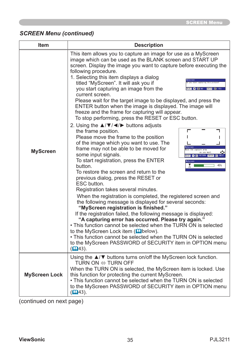 Screen menu (continued), Contnued on next page) | VIEWSONIC PJL3211 User Manual | Page 40 / 78