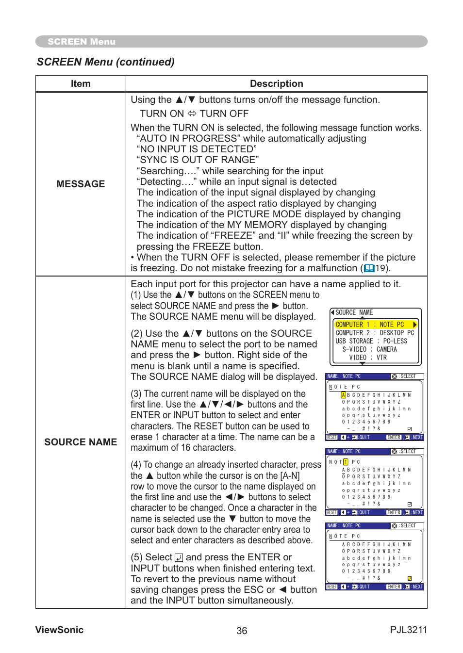 Screen menu (continued) | VIEWSONIC PJL3211 User Manual | Page 41 / 78