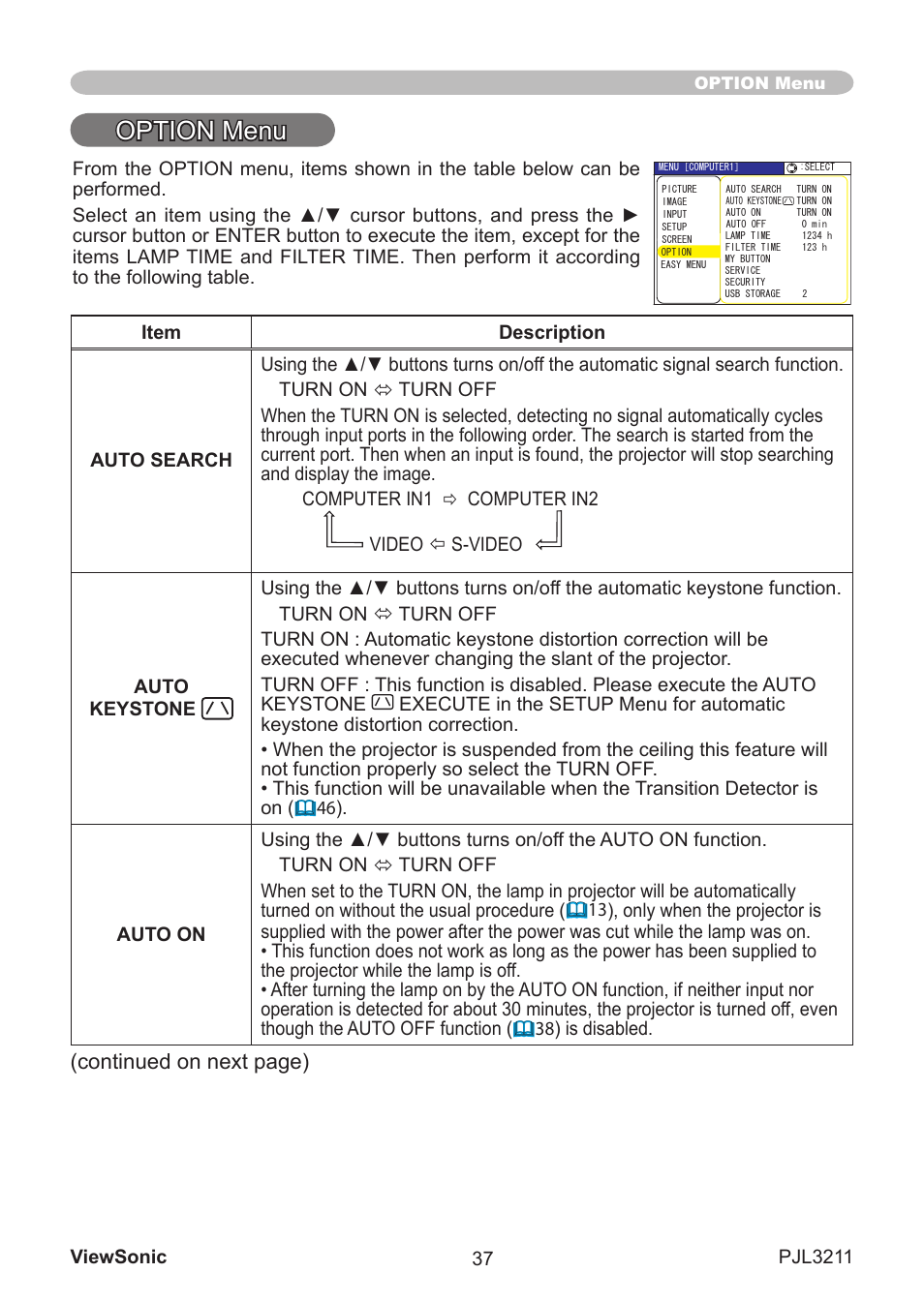Option menu, Contnued on next page) | VIEWSONIC PJL3211 User Manual | Page 42 / 78